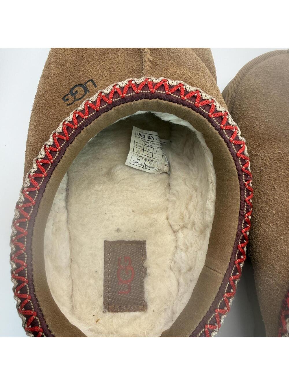 UGG Size 5 Brown Suede Slippers Red Trim Tasman Tazz Braid Shearling - Picture 5 of 7